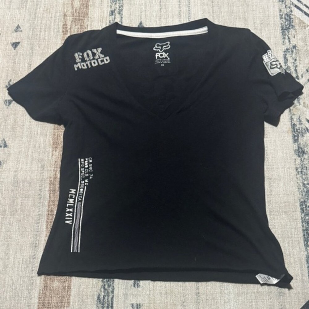 Fox Black V-Neck Tee with White Accents